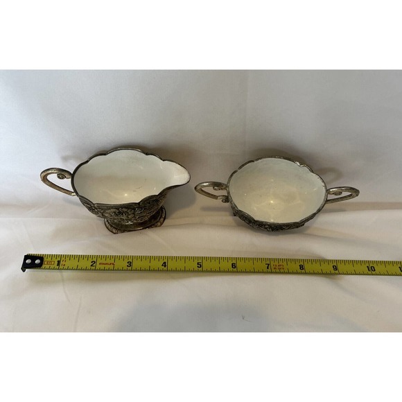 Vintage Silver Plated Sugar And Creamer Set With Inner Ceramic Coating Decor - Picture 7 of 7